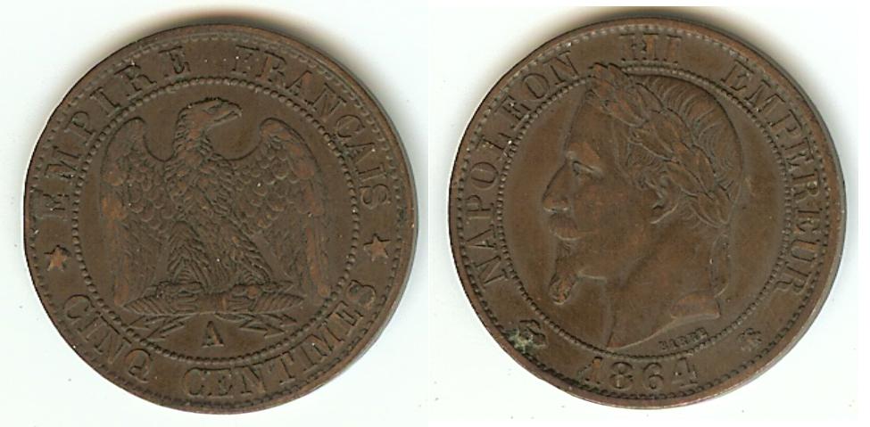 Cinq centimes Napoléon III, tête laurée 1864 Paris TTB+